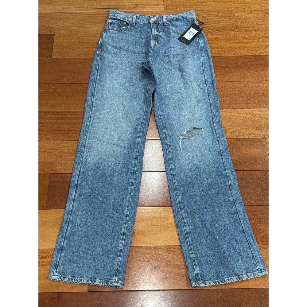 NWT 7 For All Mankind Tess Trouser Women Blue Distressed Linen Blend Jeans 26